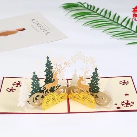 NOL28 Yellow reindeer with green pine 3D Pop Up Card